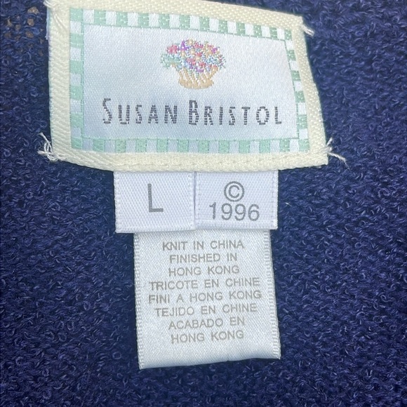 SUSAN BRISTOL L navy hand embroidered knit button up cardigan shoulder pad 1996 - Picture 5 of 8